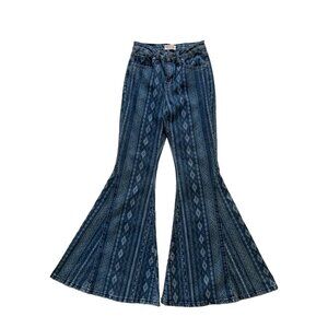 SHYANNE Super Flare Jeans Bell Bottoms Mid Rise Blue Striped Pattern 26W x 32L